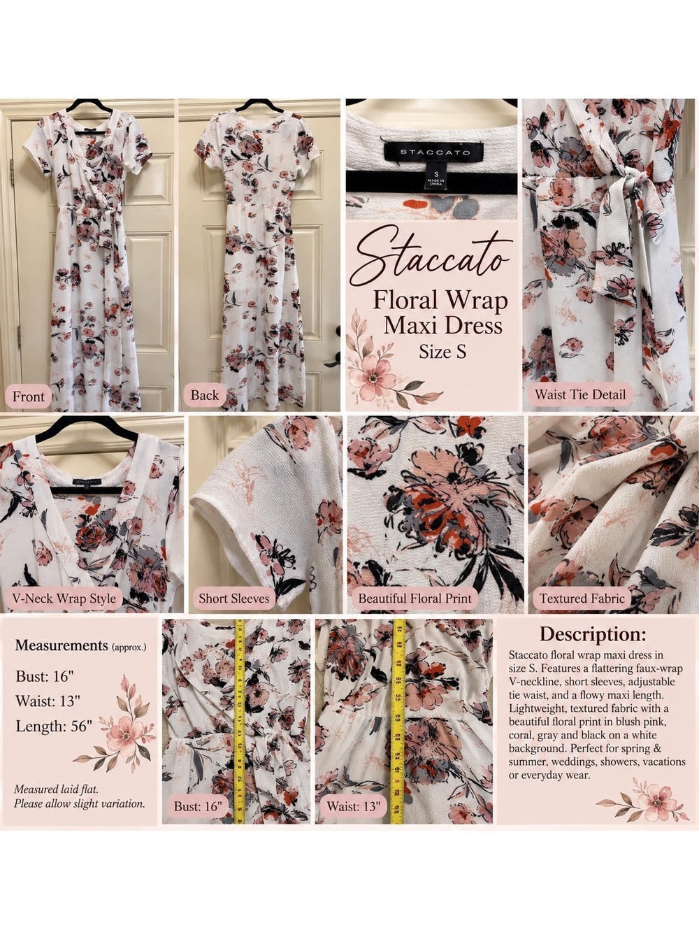 Staccato Floral Faux Wrap Maxi Dress Size S White Pink Short Sleeve Tie Waist